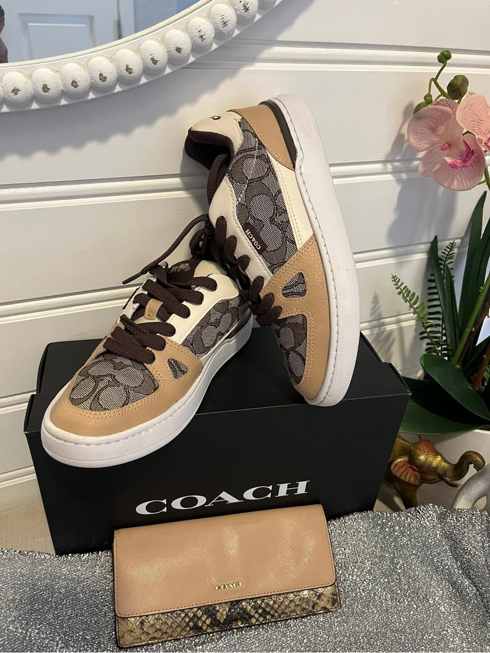 Coach Beige & Brown Signature Leather-Trim Sneakers